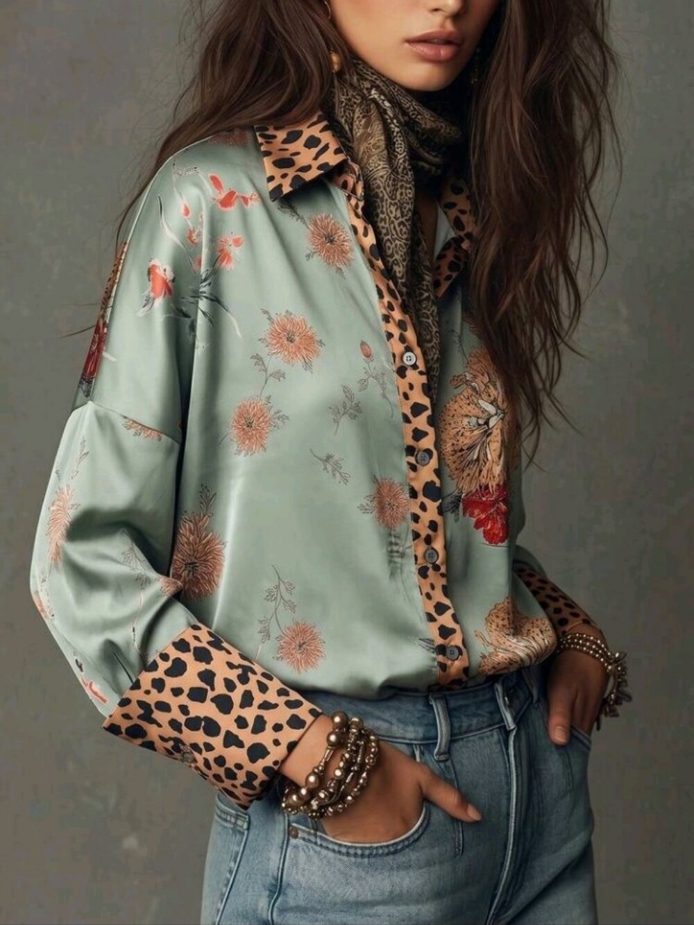 Women's Printed Blouse With Leopard Print Cuff Design,Fashionable Elegant Casual - Picture 4 of 6